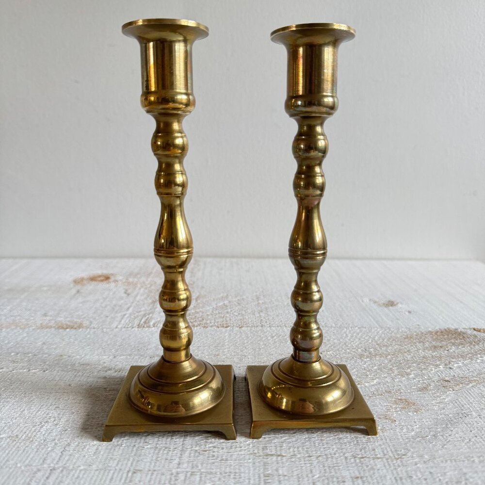 Small Square Base Brass Candle Holder Set of Two